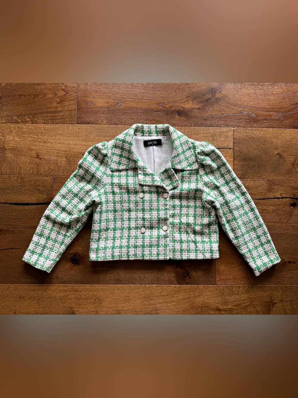fab’rik Green/White Tweed Blazer Cropped Button-Front Preppy Business Women’s S